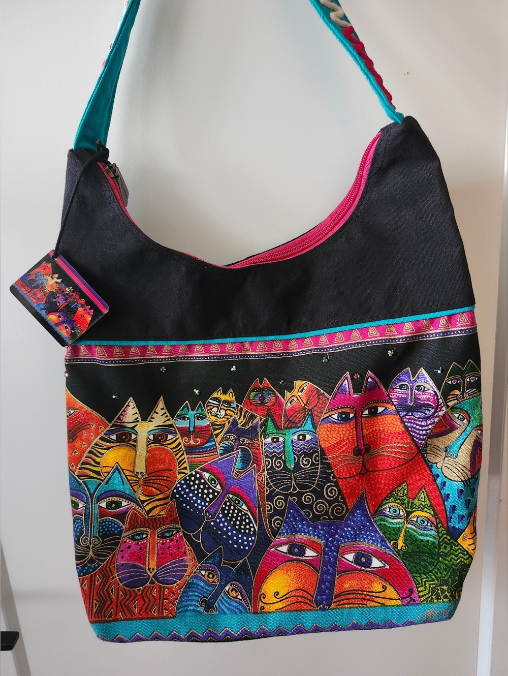 Colorful Laurel Burch Cat Print Shoulder Bag With Beaded Accents